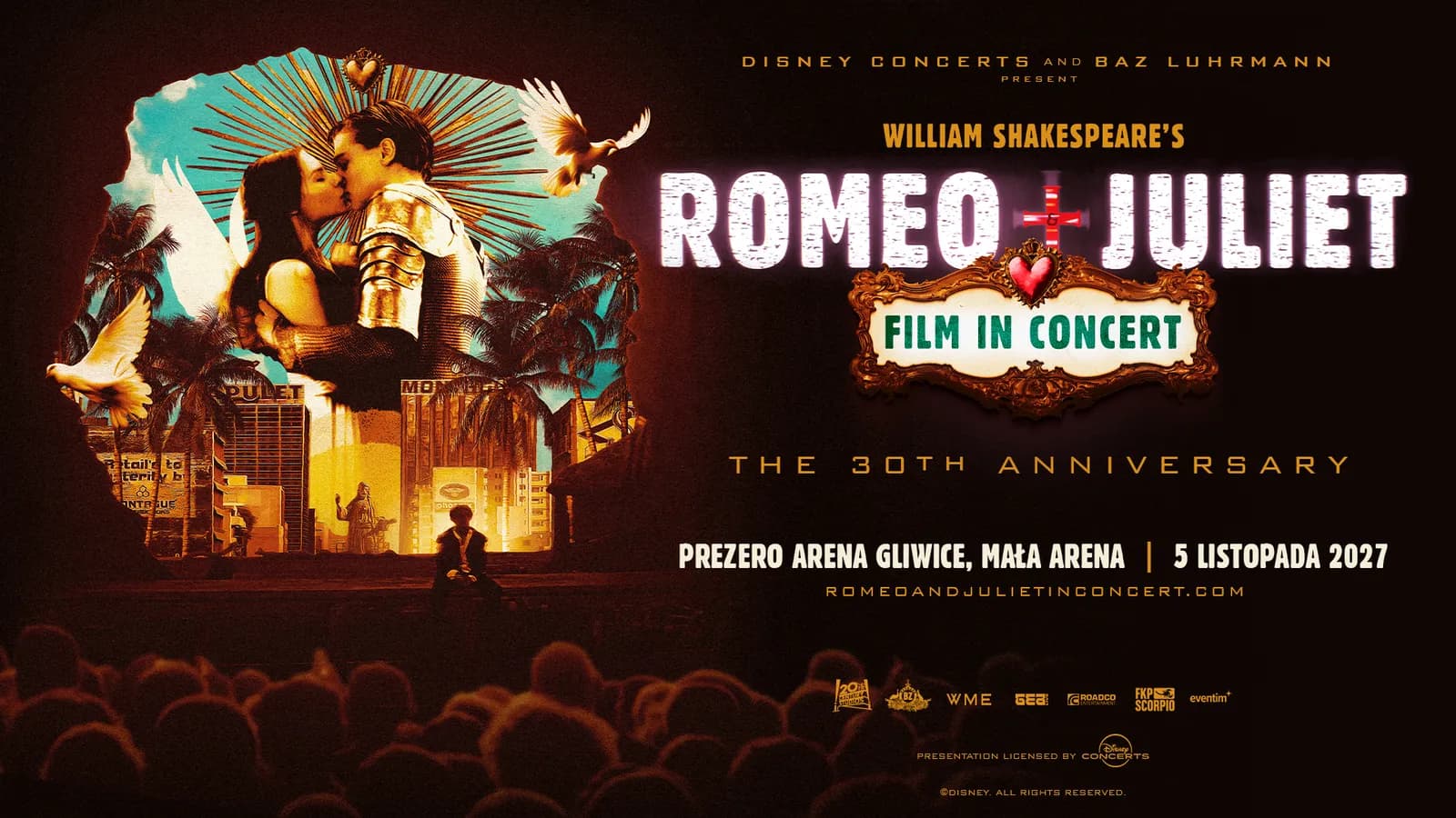 Promotional poster for William Shakespeare's Romeo + Juliet Film in Concert, featuring an image of the two main characters kissing under a vibrant sky with doves flying, surrounded by cityscapes and palm trees, with event details and sponsor logos.